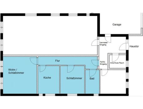 Grundriss der Ferienwohnung. Blau ist die Ferienwohnung. Weiß, die Vermieterwohnung