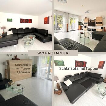 Wohnzimmer mit Schlafsofa und Schrankbett