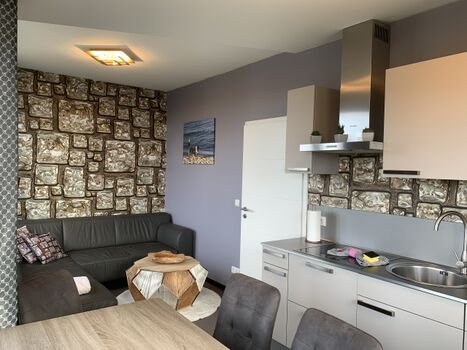 Wohnzimmer mit sehr gut ausgestatteter Küchenzeile 