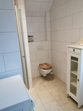 Badezimmer: Blick auf Toilette und Schrank