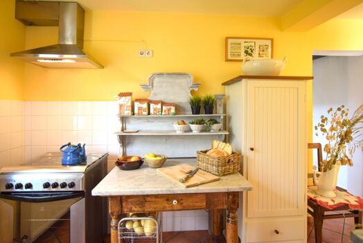 Küche mit Gasherd und Dunstabzugshaube