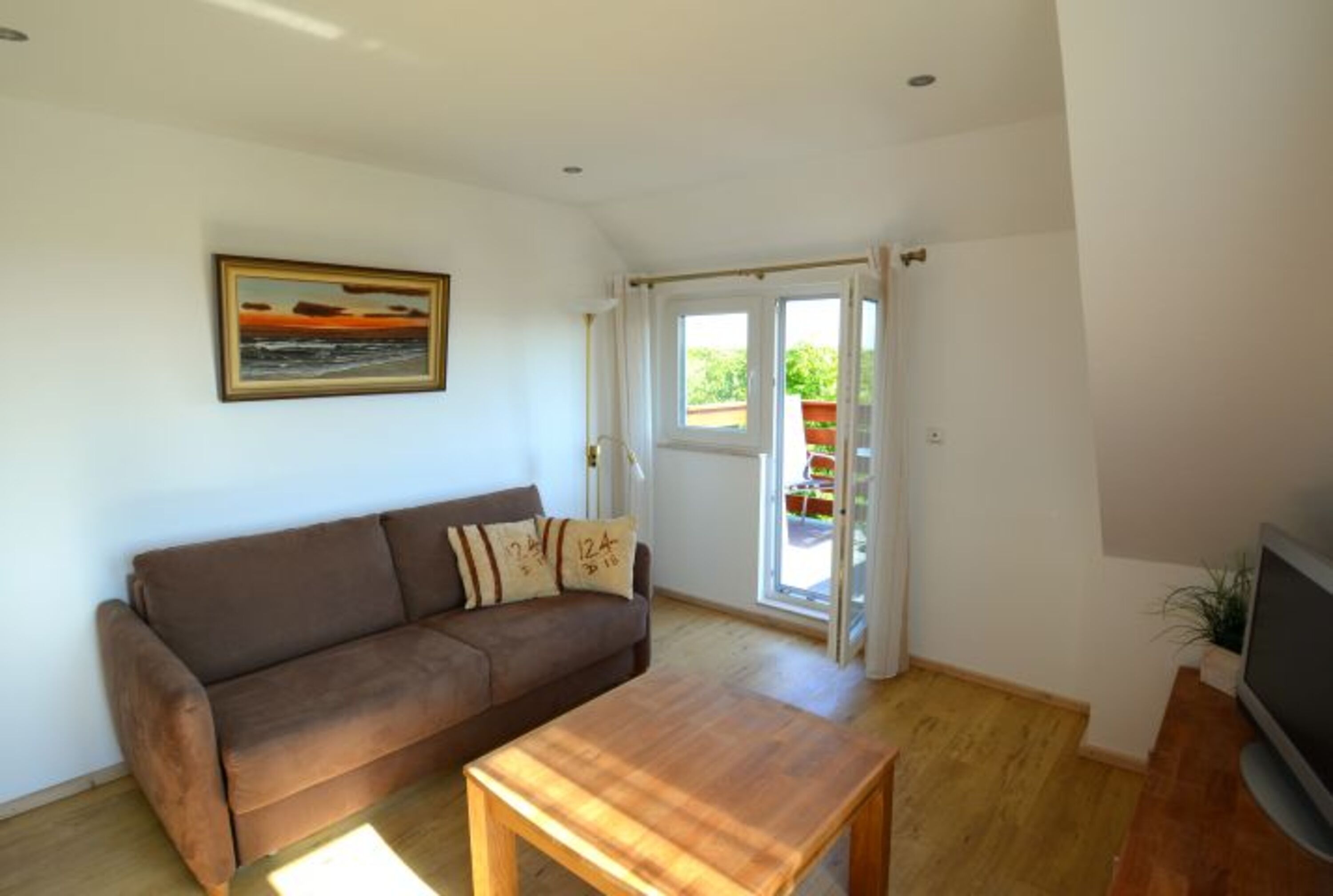 Wohnbereich mit hochwertiger Schlafcouch und Balkon (Südseite)