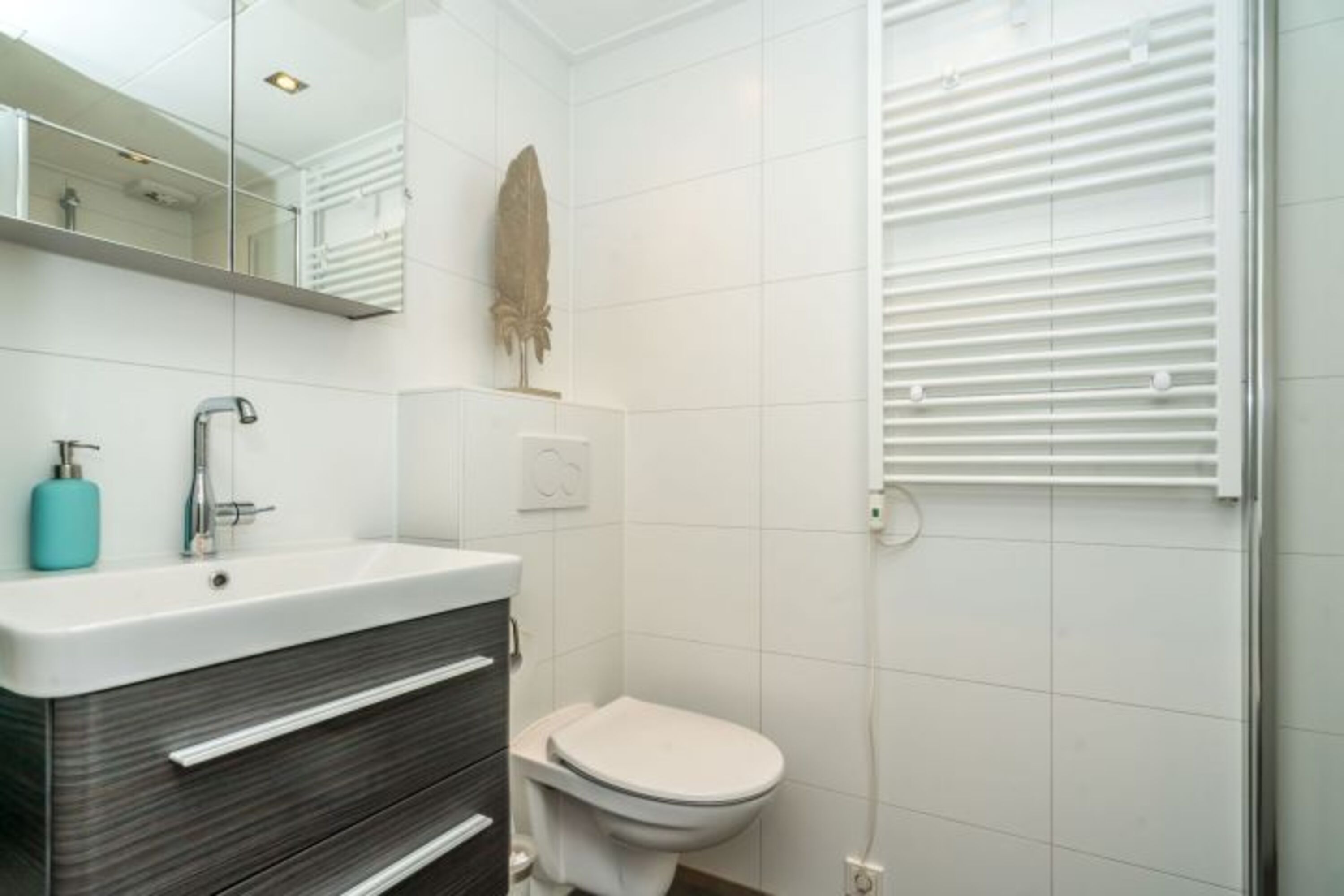 Das neue Badezimmer mit Dusche, Waschbecken, Toilette