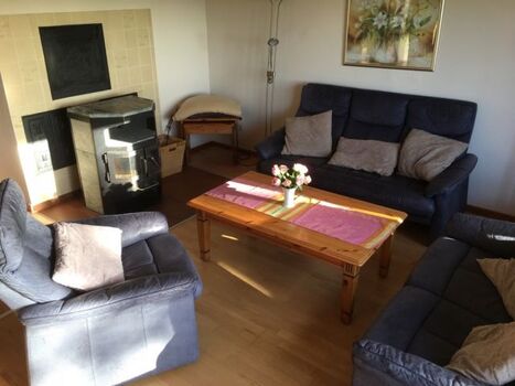 gemütliches Sofa mit Kaminofen im großen Wohnbereich