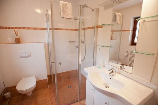 großzügiges Duschbad mit ebenerdiger Dusche und WC im großen Wohnbereich