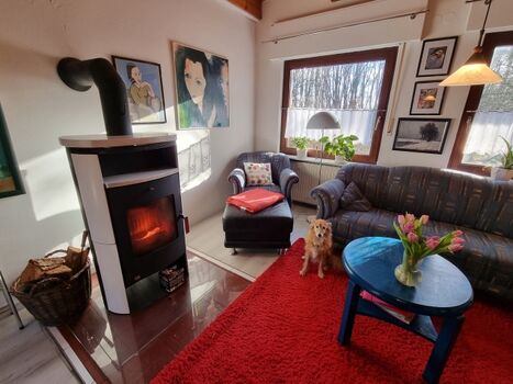 Kaminofen und Leseecke im Wohnzimmer