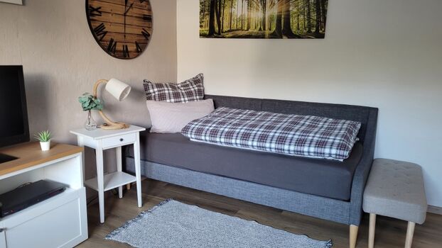 Einzelbett (90x200, mit Lattenrost und Matratze) im Wohnzimmer (ansonsten als 2. Couch nutzbar)