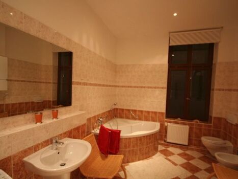 großes Bad mit Eckwanne, Duschem WC, Waschbecken und WC