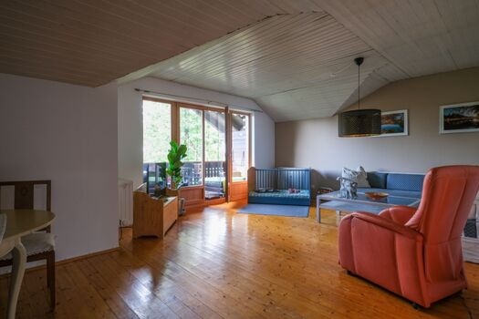 Wohnzimmer mit Hundebett und Zugang Loggia