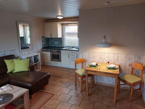 Offener Wohnbereich mit Küche, Esstisch und Sofa 