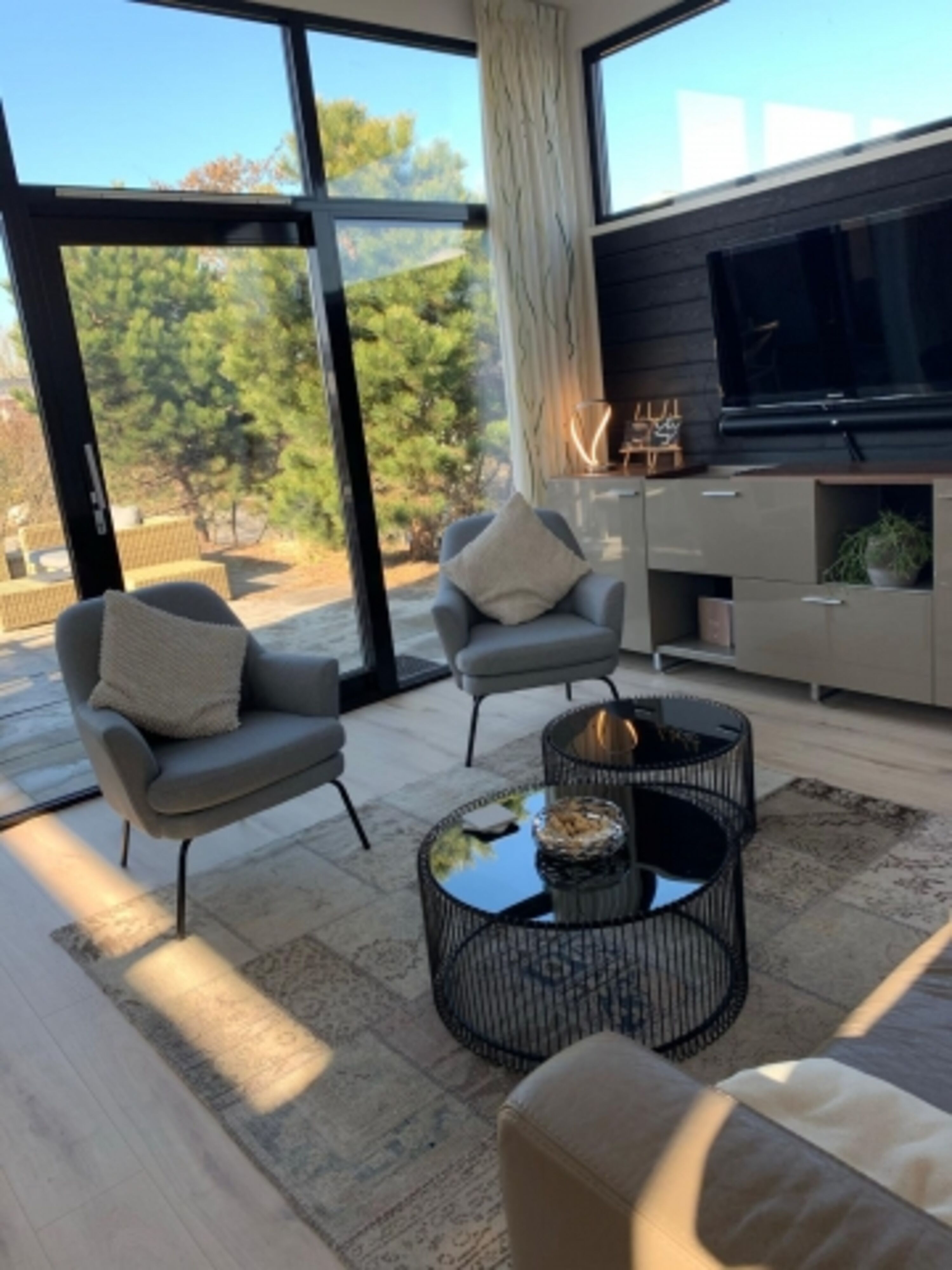 Wohnzimmer, teils Blick auf die Terrasse 