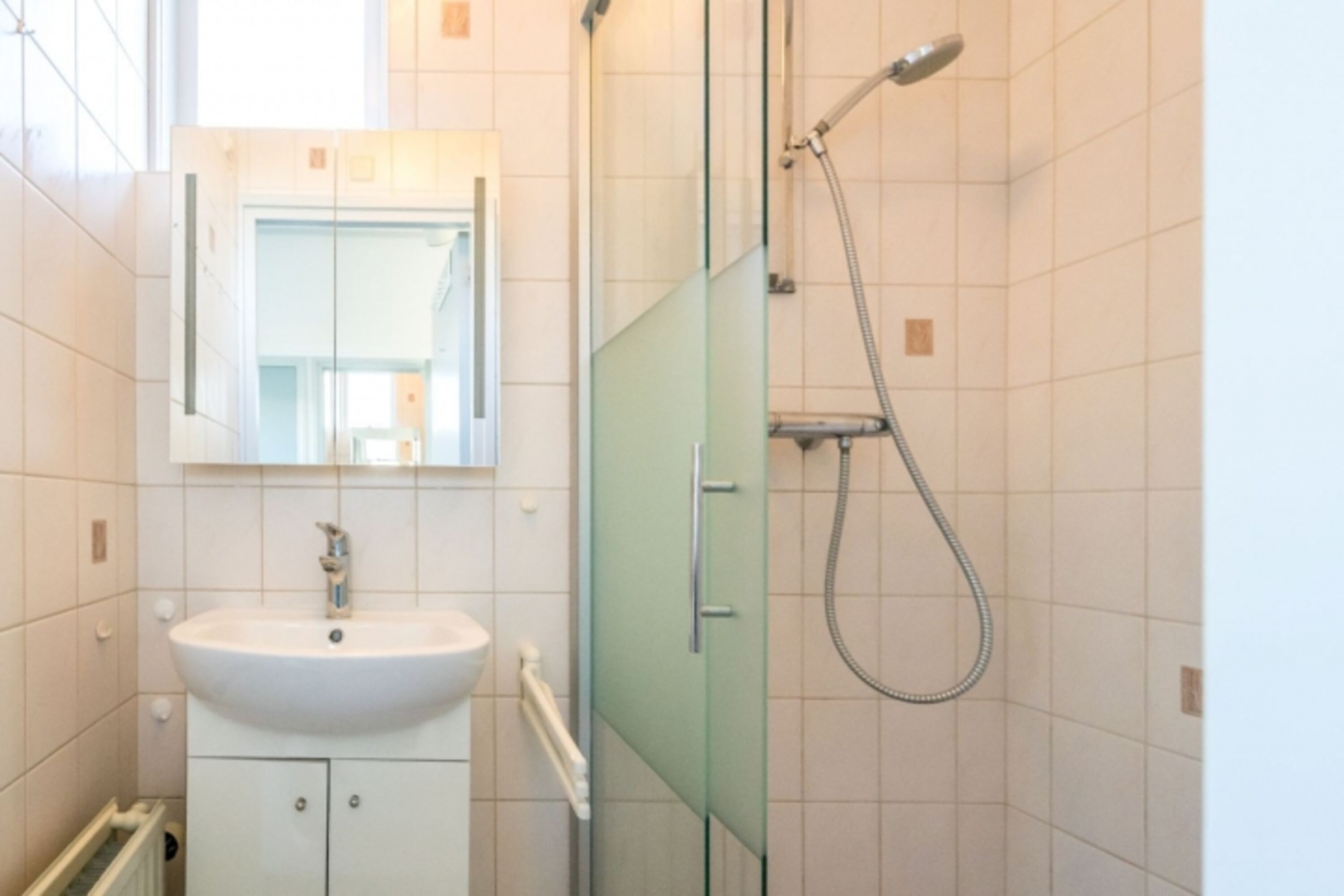 Badezimmer mit Dusche und Waschbecken