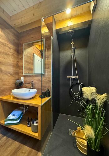 Badezimmer Blick Richtung Regendusche
