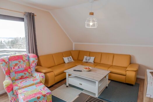 Wohnzimmer mit Schlafcouch und Zugang zum Balkon