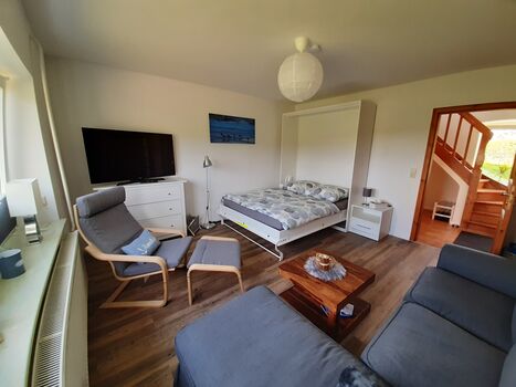 Wohnzimmer mit ausgeklappten Schrankbett (Hocker wird dann meist rausgenommen)