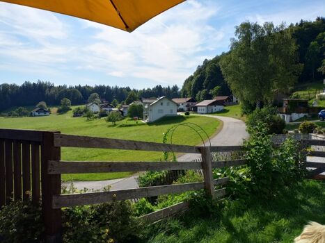 Ausblick von der Terrasse mit Sonne bis zum Schkuß