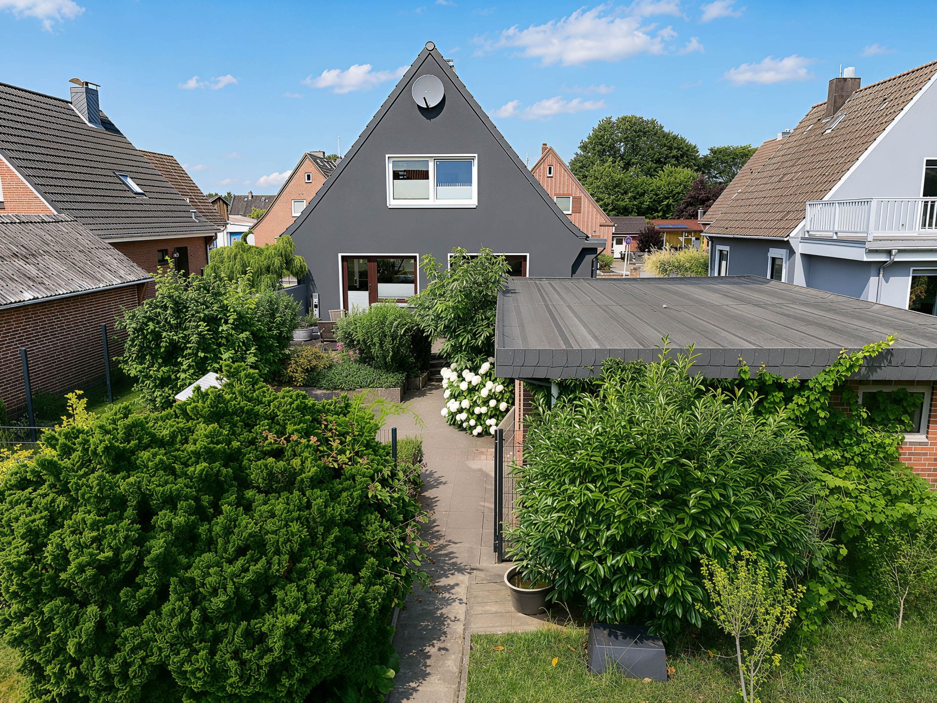 Blick vom Garten auf Terrasse und Haus
