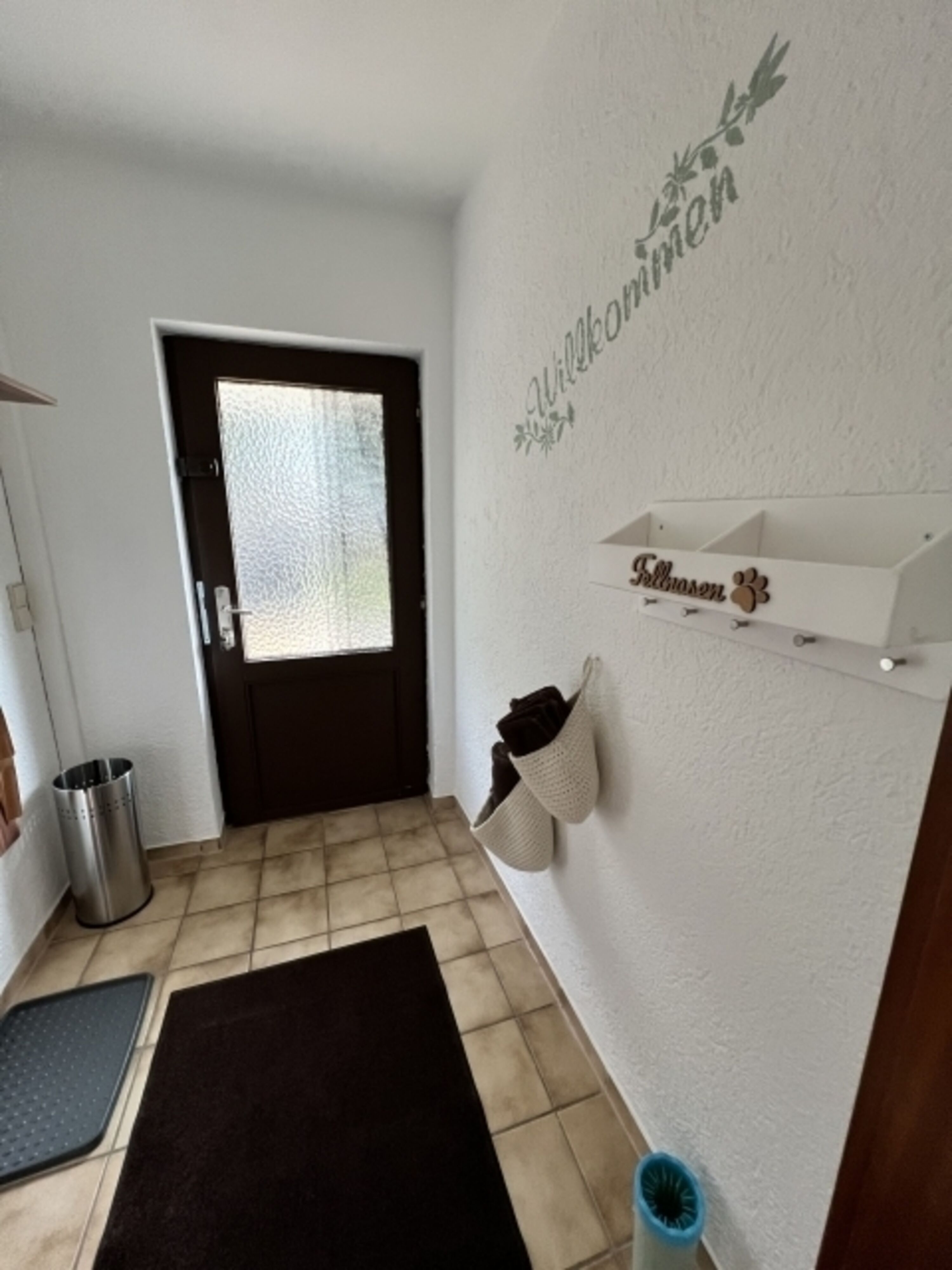 Eingangsbereich mit Fellnasengarderobe, Pfotenwaschanlage und Hundehandtücher