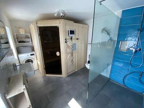 Duschbad mit bodengleicher Dusche, wC, Waschbecken, Sauna 