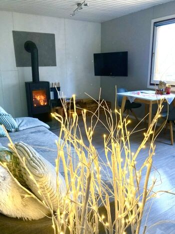 Wohnzimmer mit Kamin und Essbereich