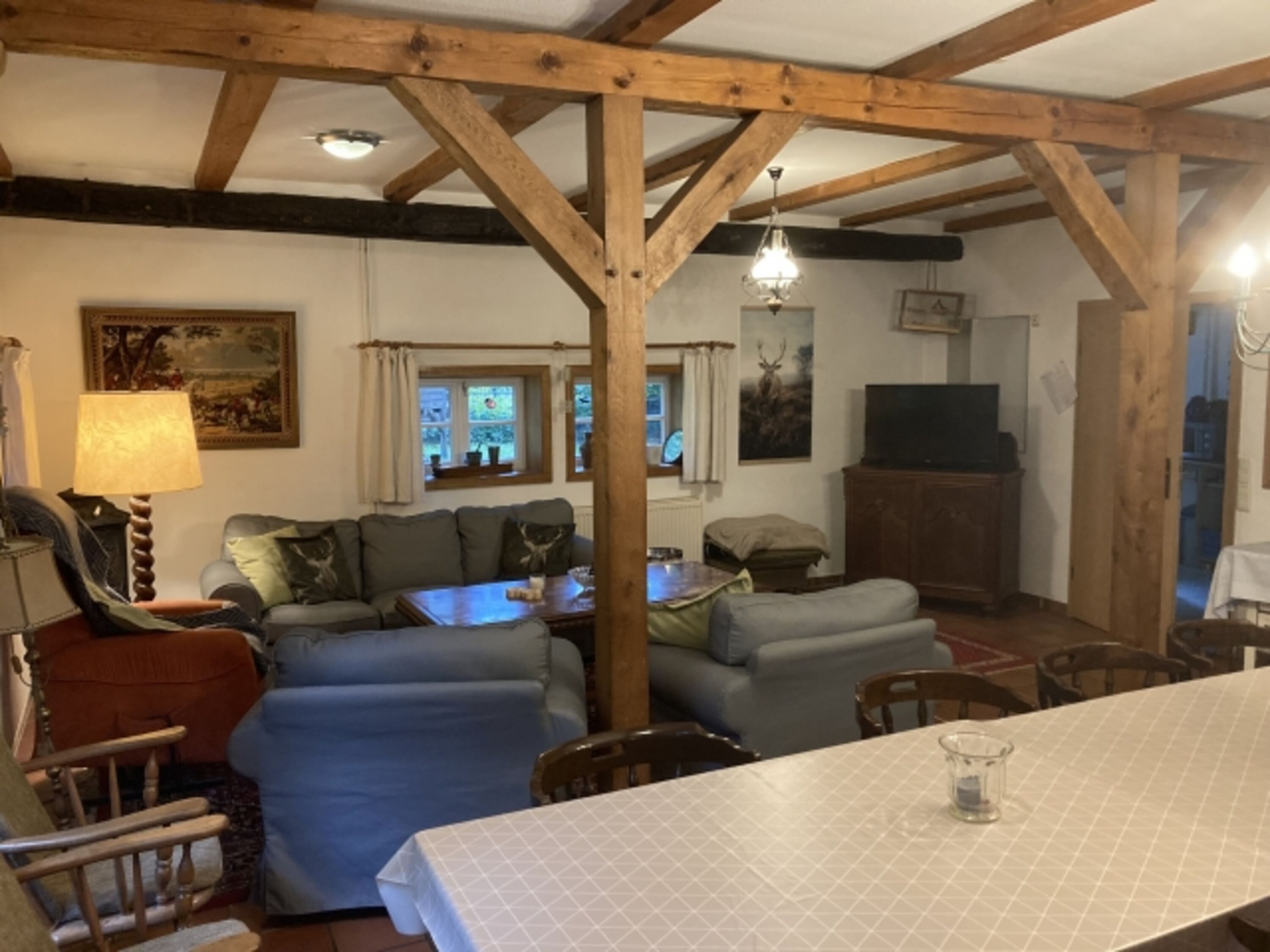 Wohnbereich Sofaecke und großer Esstisch 
