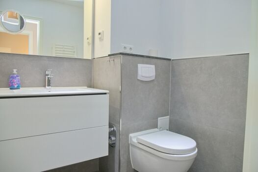 Modernes Bad mit großer begehbarer Dusche und Rainshower.