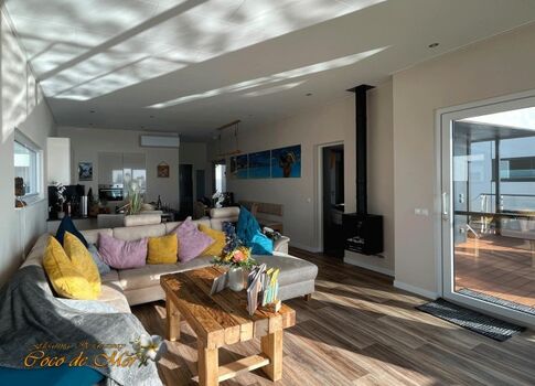 offener Salon mit riesiger Schlafcouch und Kamin - open salon with spacious sofa bed and fireplace