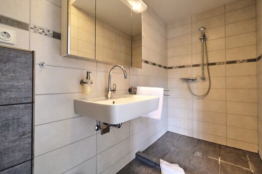 Badezimmer mit bodengleicher Dusche im Erdgeschoss