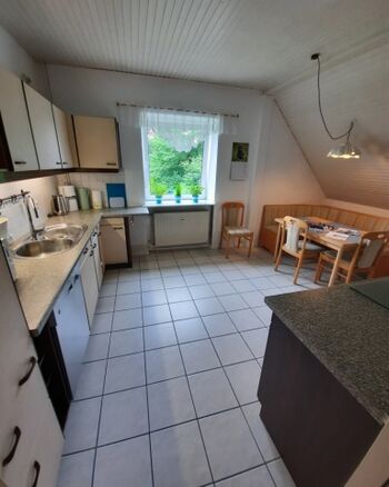 Gut ausgestattete Küche mit Spülmaschine und Gefrierfach