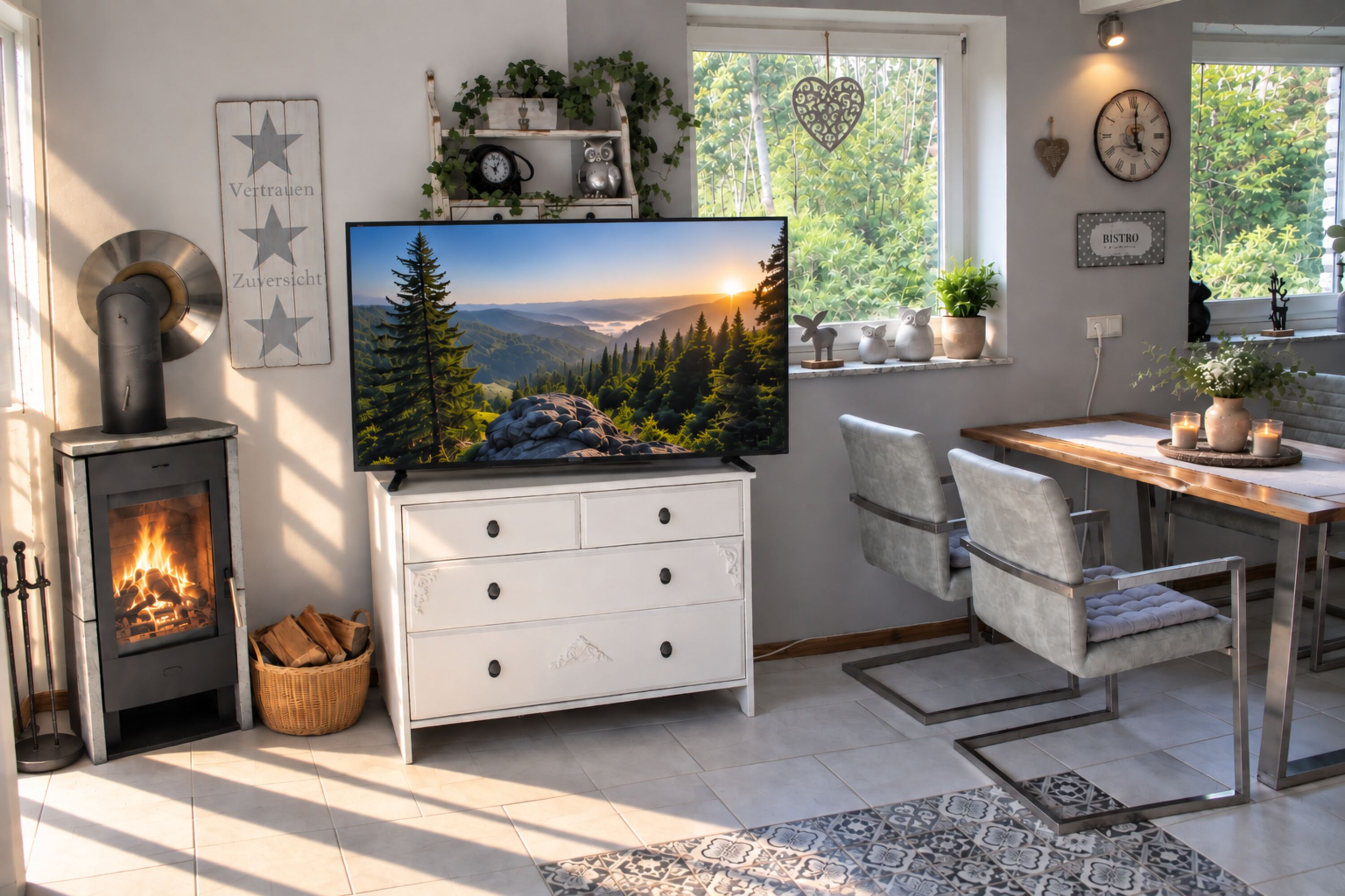 55-Zoll Smart-TV + Kamin