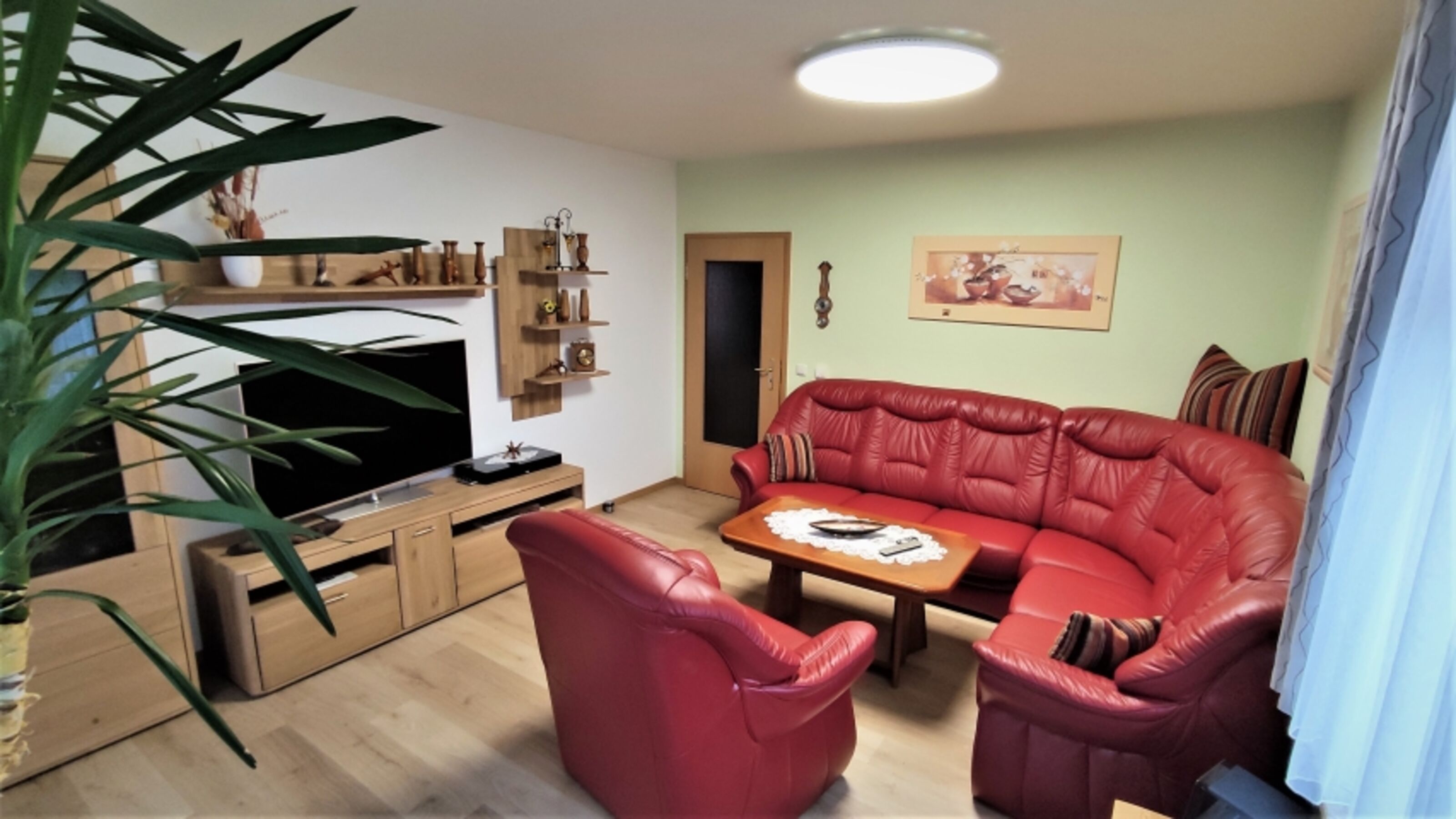 Wohnzimmer mit bequemer Ledercouch