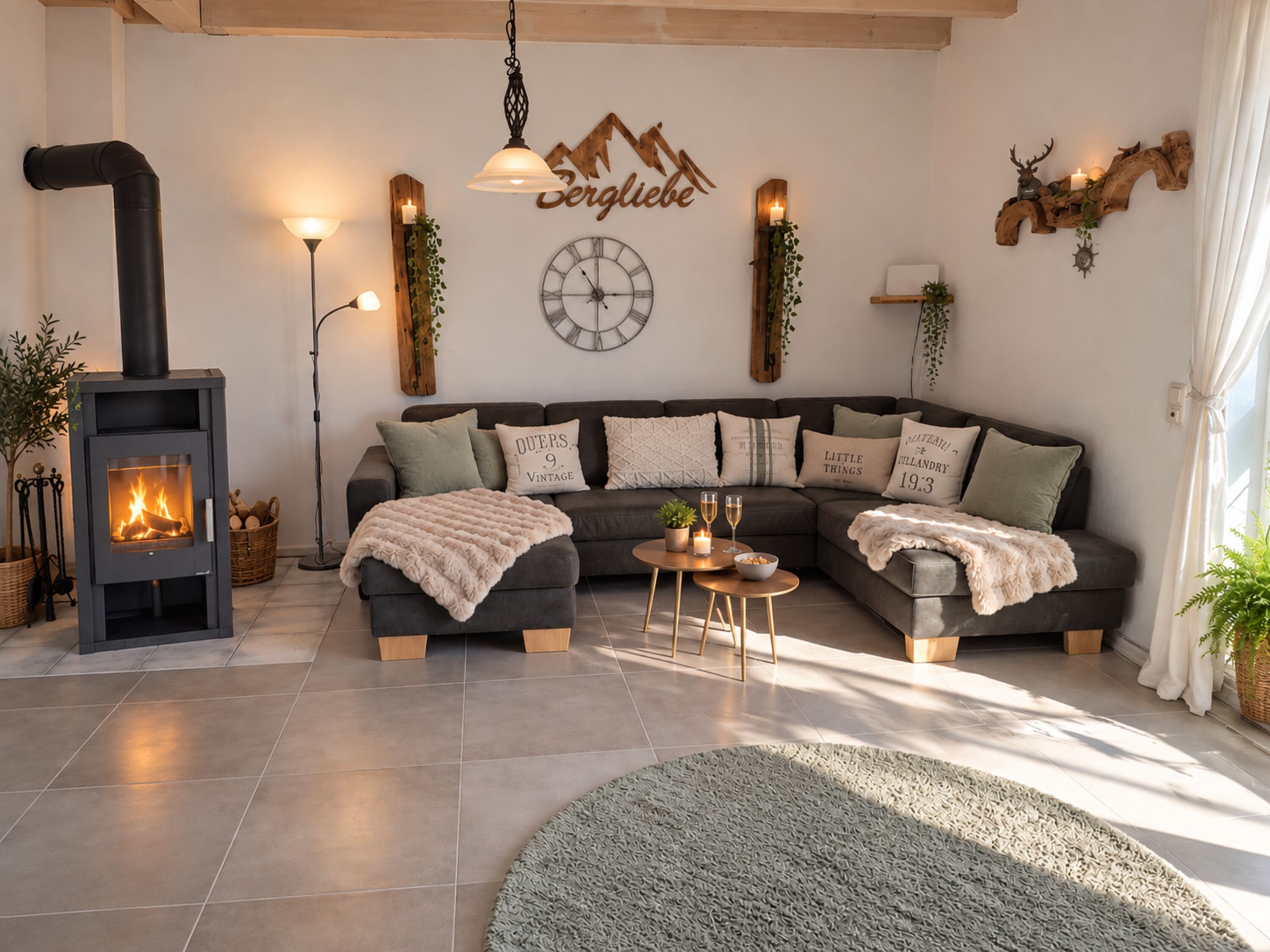 offenes Wohnzimmer mit Kamin und hochwertiger Ledercouch