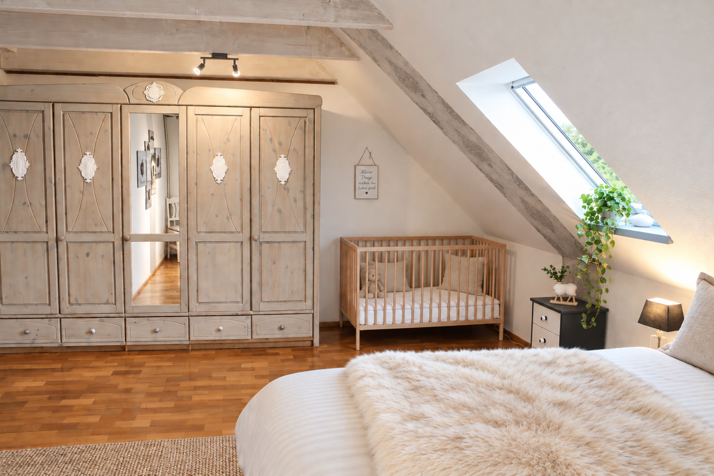 Schlafzimmer 1 mit Boxspringbett + Babybett