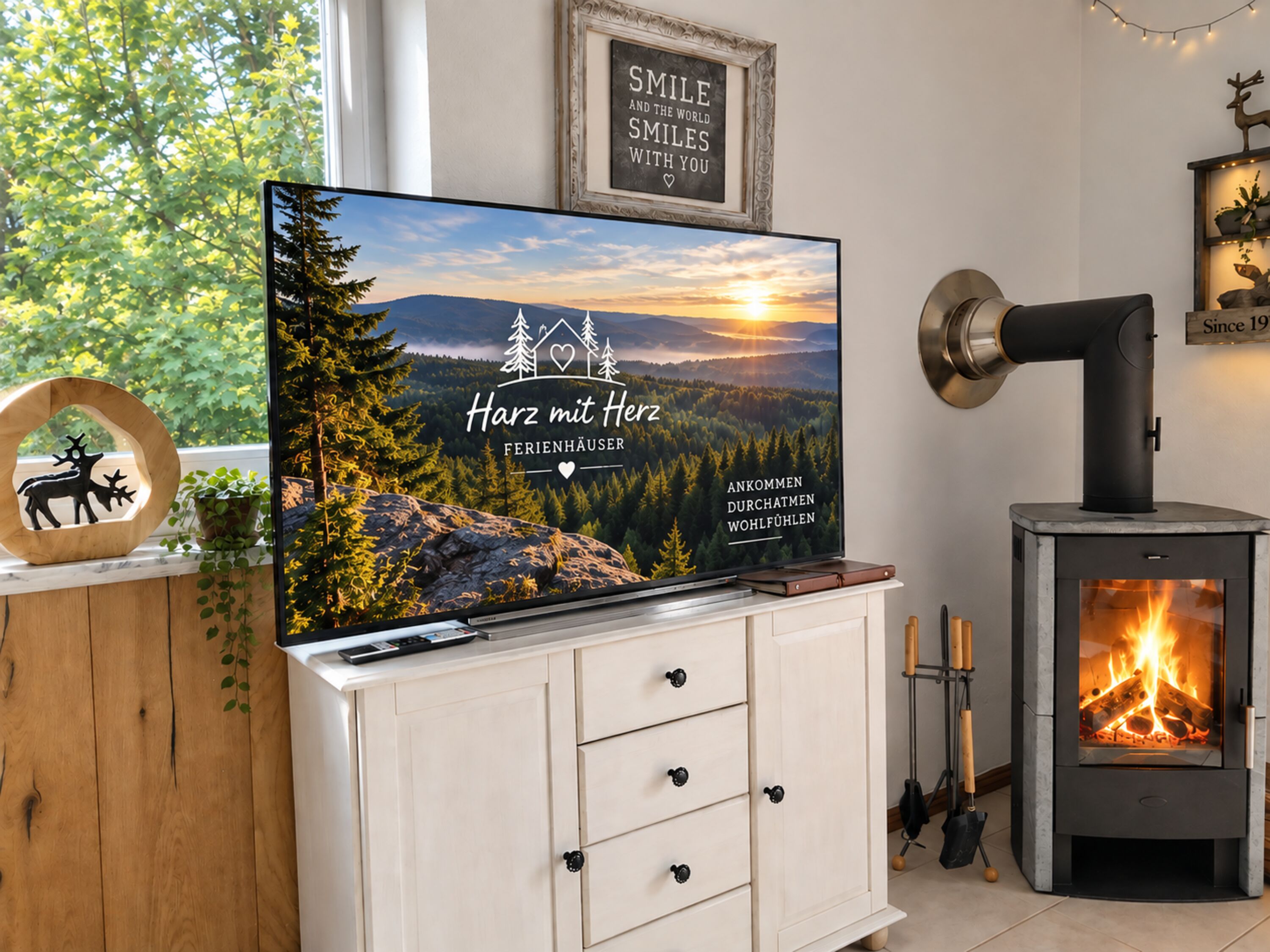 55 Zoll Smart-TV + Kamin