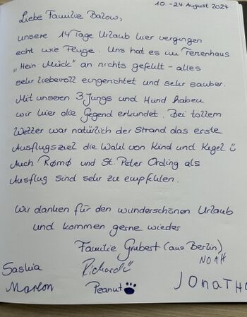 Eintrag Gästebuch Ferienhaus Hein Mück