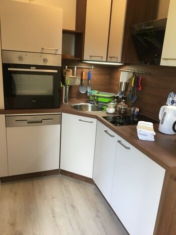 Moderne  Winkelküche mit Backofen, Mikrowelle, Geschirrspüler
