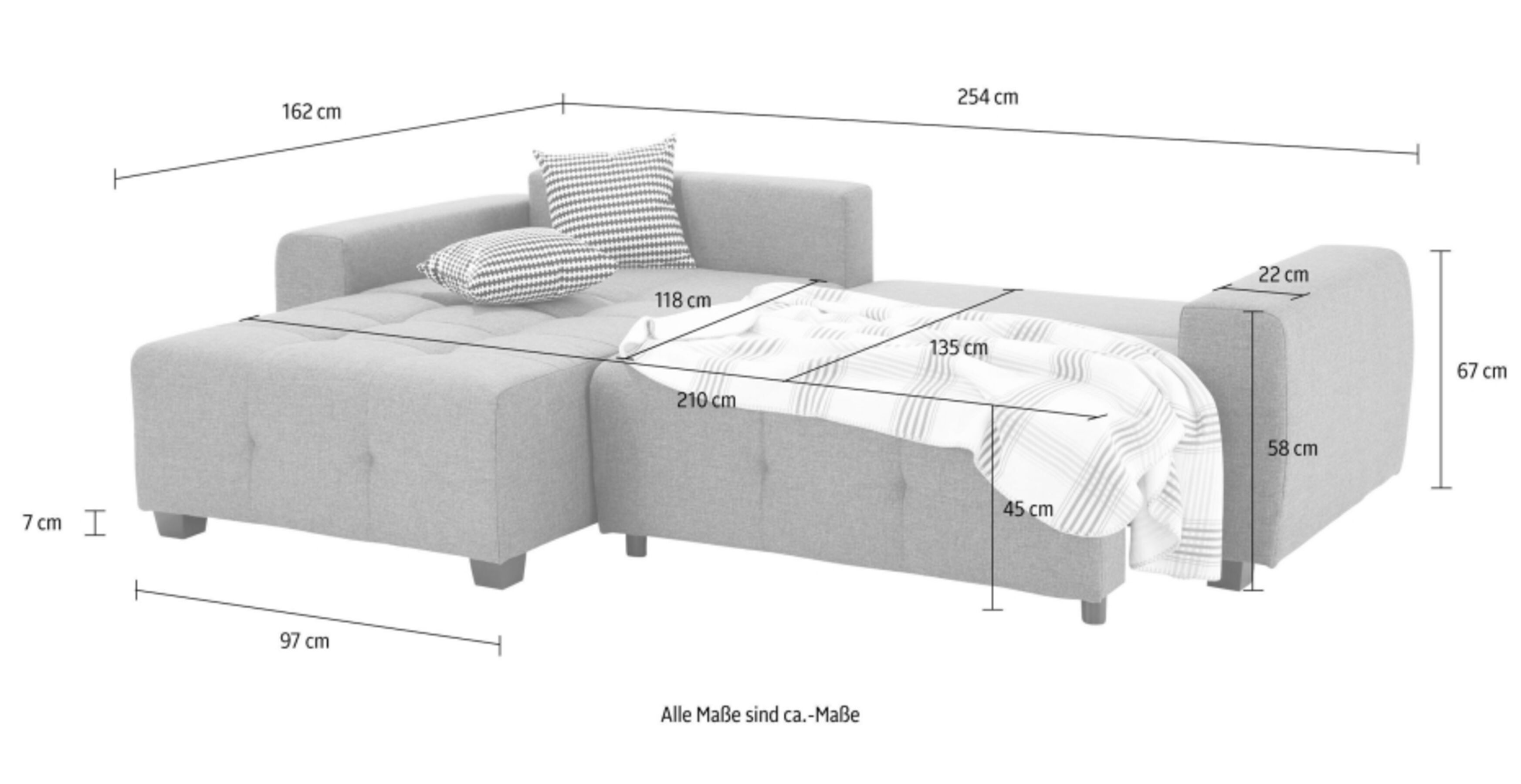 Ausziehsofa (Maßgrafik): Flexibler Schlafkomfort für zusätzliche Gäste auf dem großzügigen Ecksofa mit integrierter Schlaffunktion.