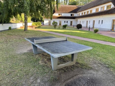 Tischtennisplatte vor dem Haus, Schläger und Bälle stehen zur Verfügung