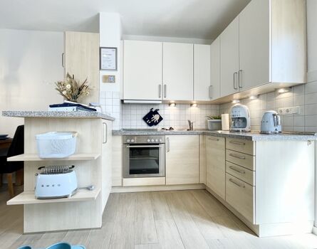 Küche mit Cerankochfeld, Geschirrspüler, Kühlschrank