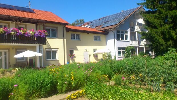 Blick aufs Haus über den Garten