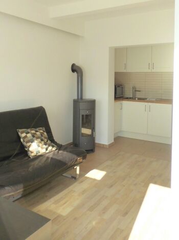 helle modernes Wohnzimmer mit Kaminofen