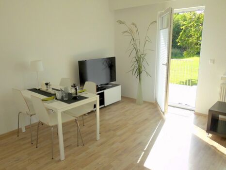 großzügiges Wohnzimmer mit Esstisch und großem Flachbild-TV