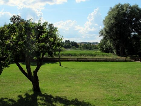 Ausblick von der Terrasse der Ferienwohnung über die Wiese zum See