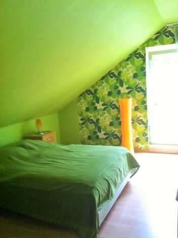 Im grünen Schlafzimmer ist auch viel Platz für Hunde