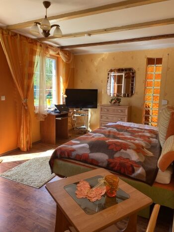 Orangenes Zimmer unten hat separaten Ausgang zur Terrasse