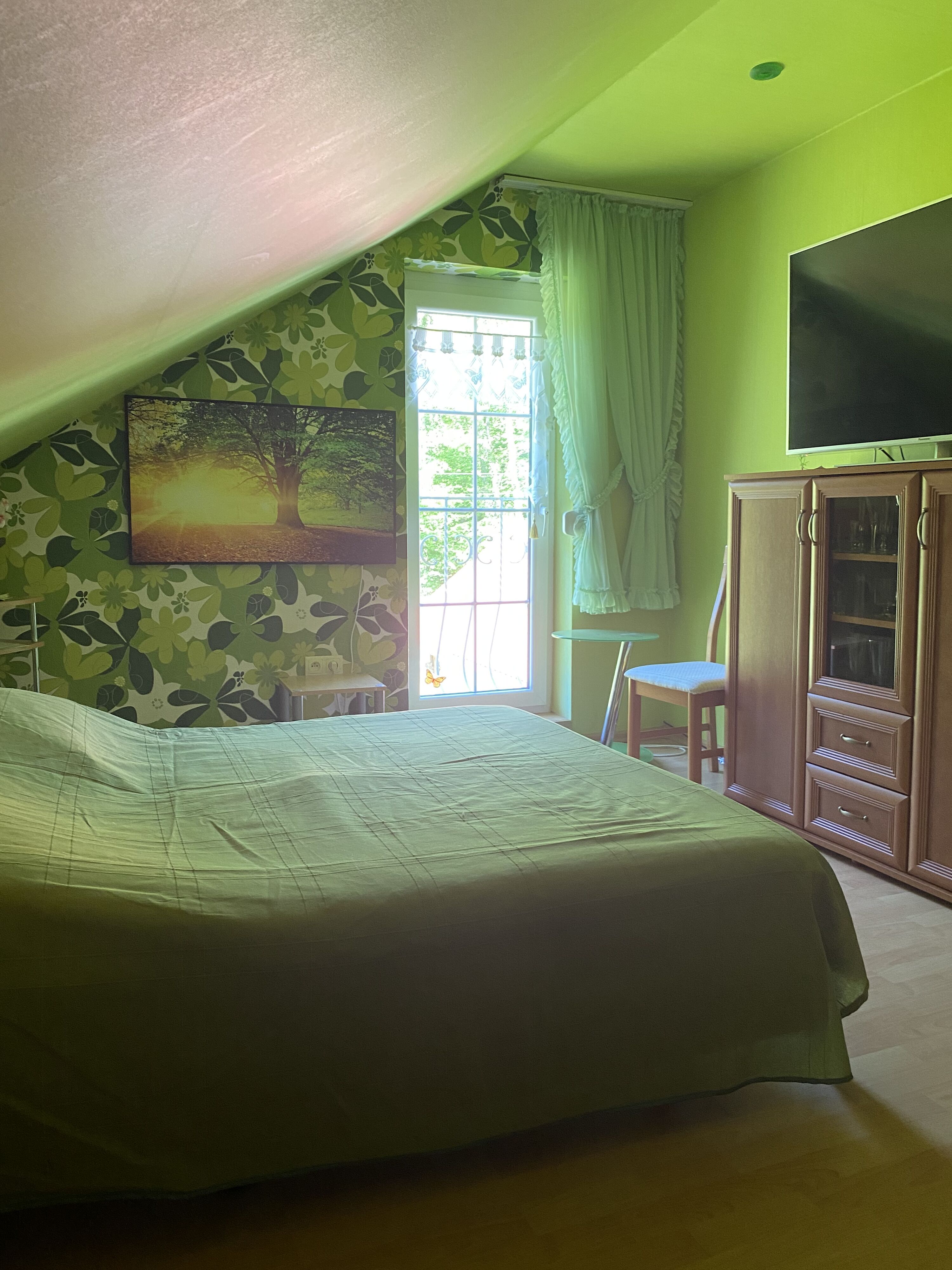 Grünes Schlafzimmer mit großem Bett, Fernseher, Kleiderschrank