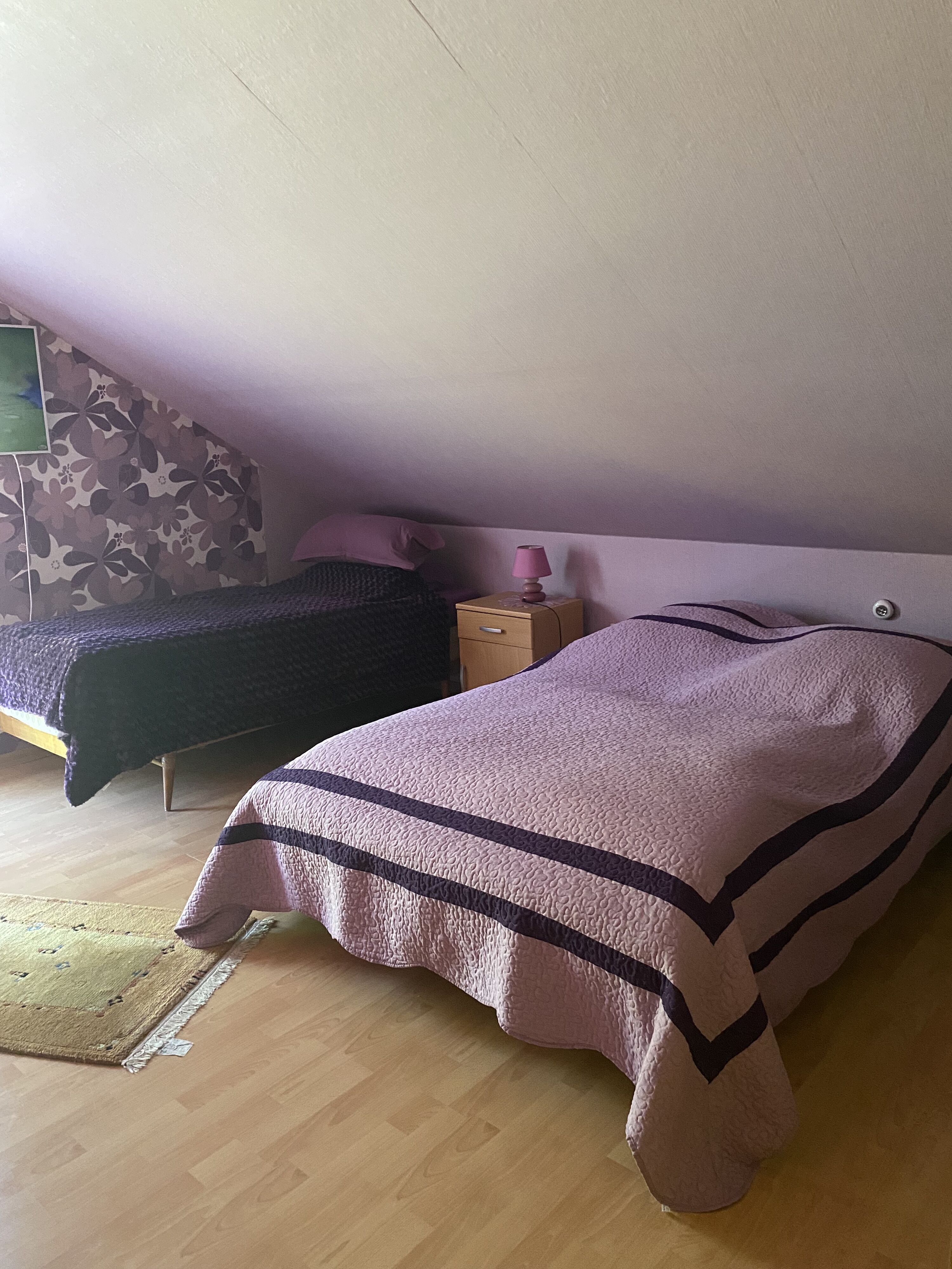 Schlafzimmer in lila mit 2 Betten, Kleiderschrank