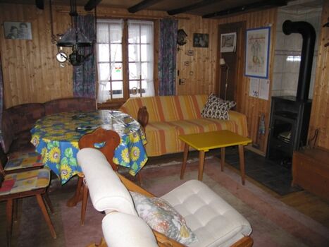 Wohnzimmer mit Sofa, Schwedenofen und Eckbank