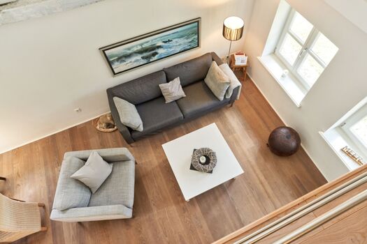 Ferienhaus Haubarg-Kieker Wohnzimmer von oben