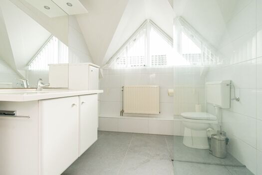 Badezimmer mit Dusche, Waschbecken und Toilette